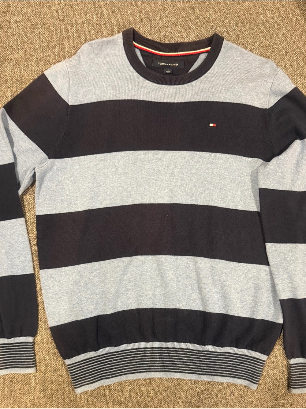 Tommy Hilfiger Men’s Navy and Light Gray Striped Crewneck Sweater